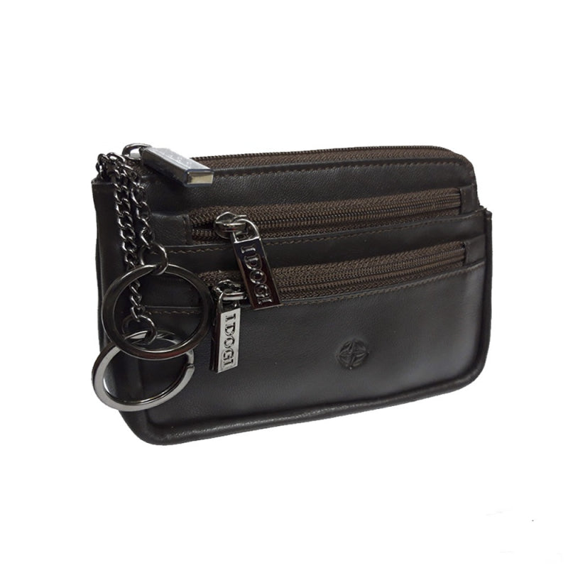 Dark brown leather key pouch at an angle with two key rings on chains — Tony Perotti Cortina 5016 moro