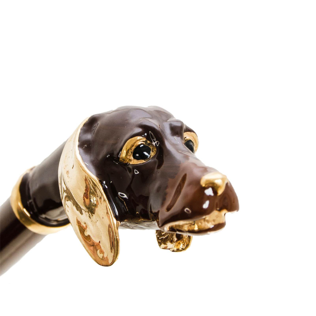 Dark brown enameled dachshund head with gold-tone ears and eye details, handcrafted in Italy
