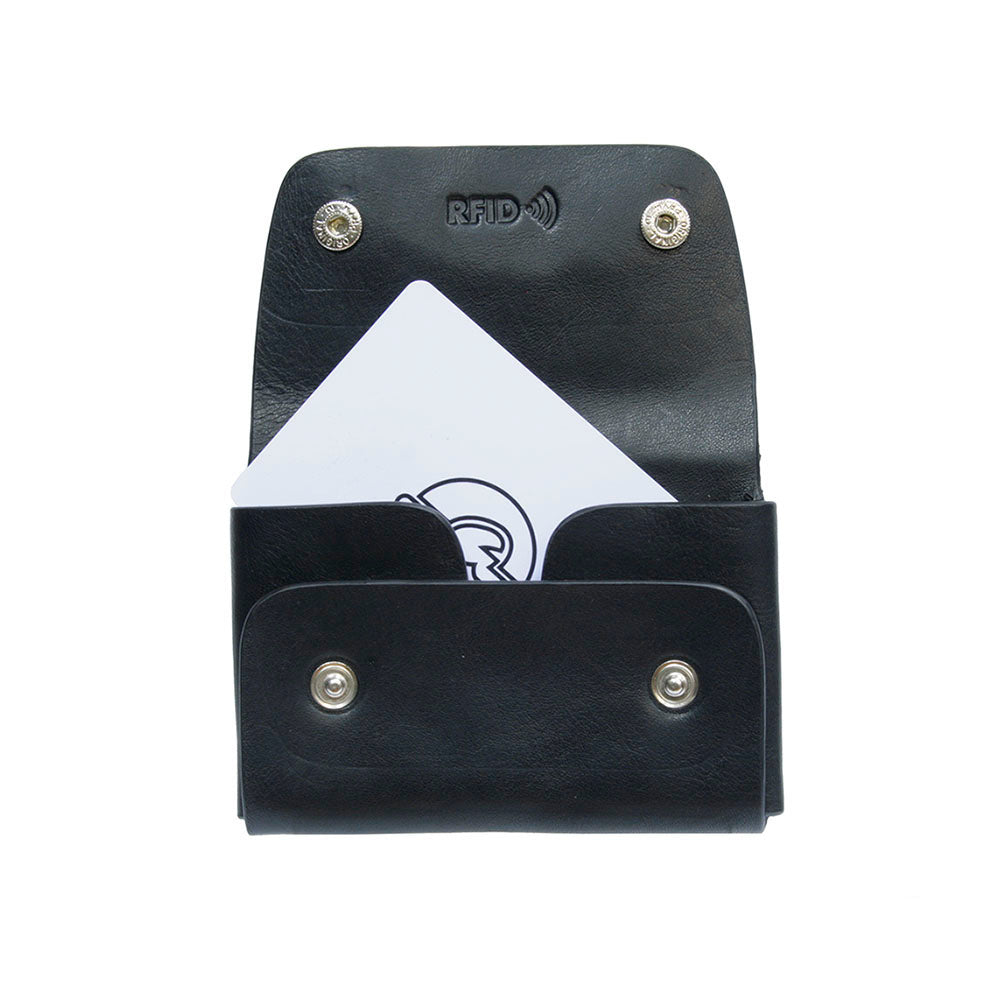 Tony Perotti Nevada 3740+RFID nero card holder open — RFID emboss, two snaps and a card inside