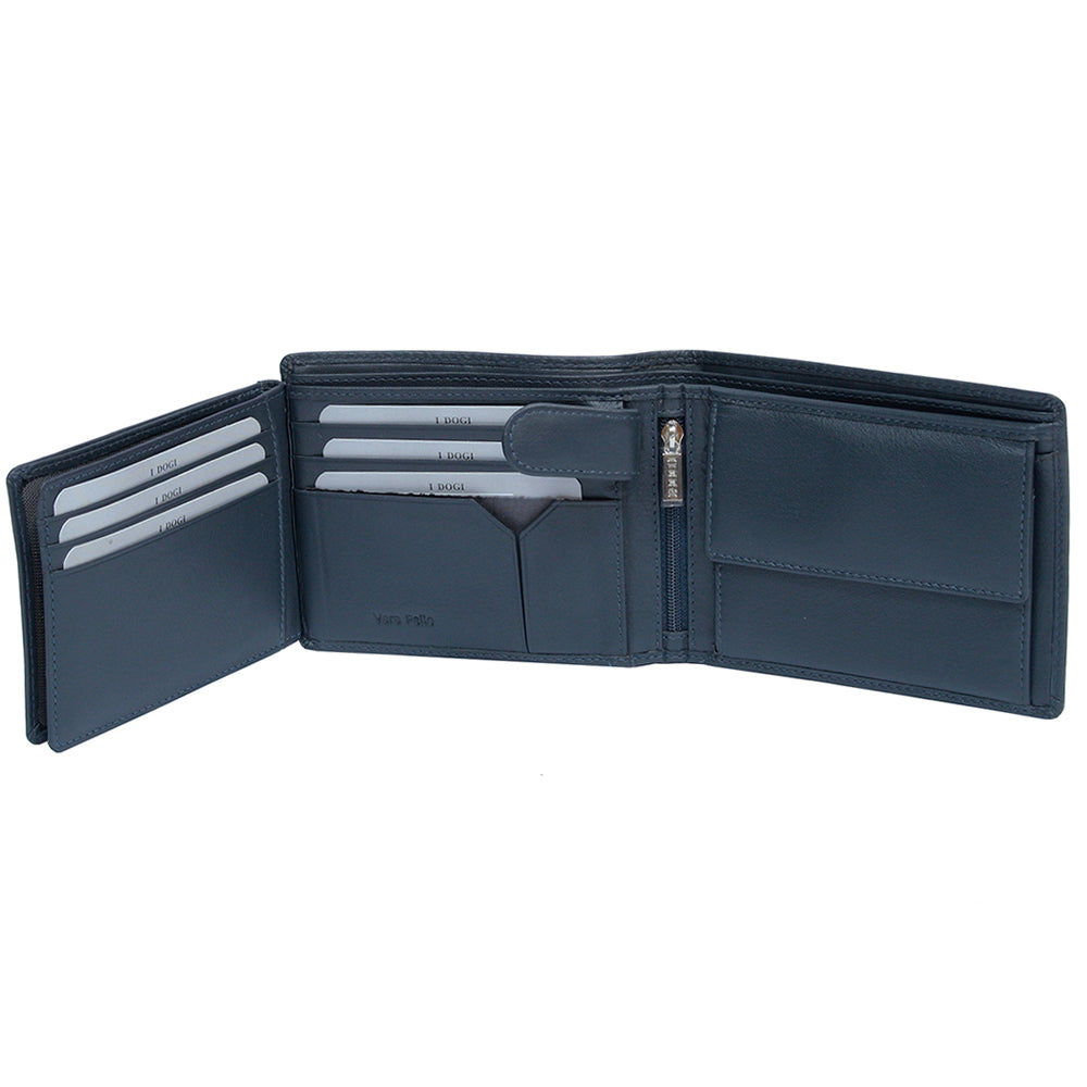 Tony Perotti Cortina 5053 navy with the flip-out card panel raised, showing the further card slots behind it
