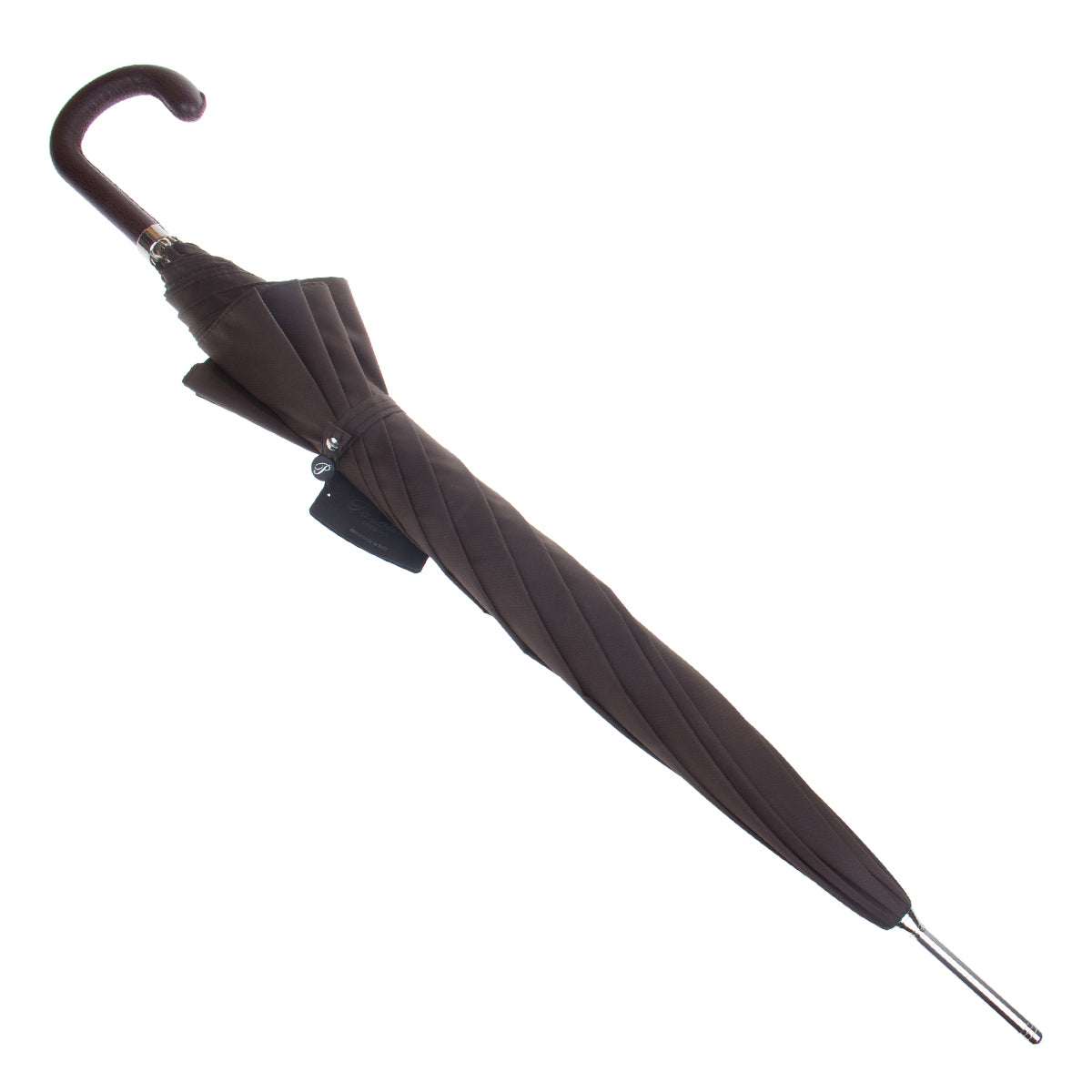 Pasotti men's brown cane umbrella with hand-stitched leather crook handle — 478-OXFORD-17-2