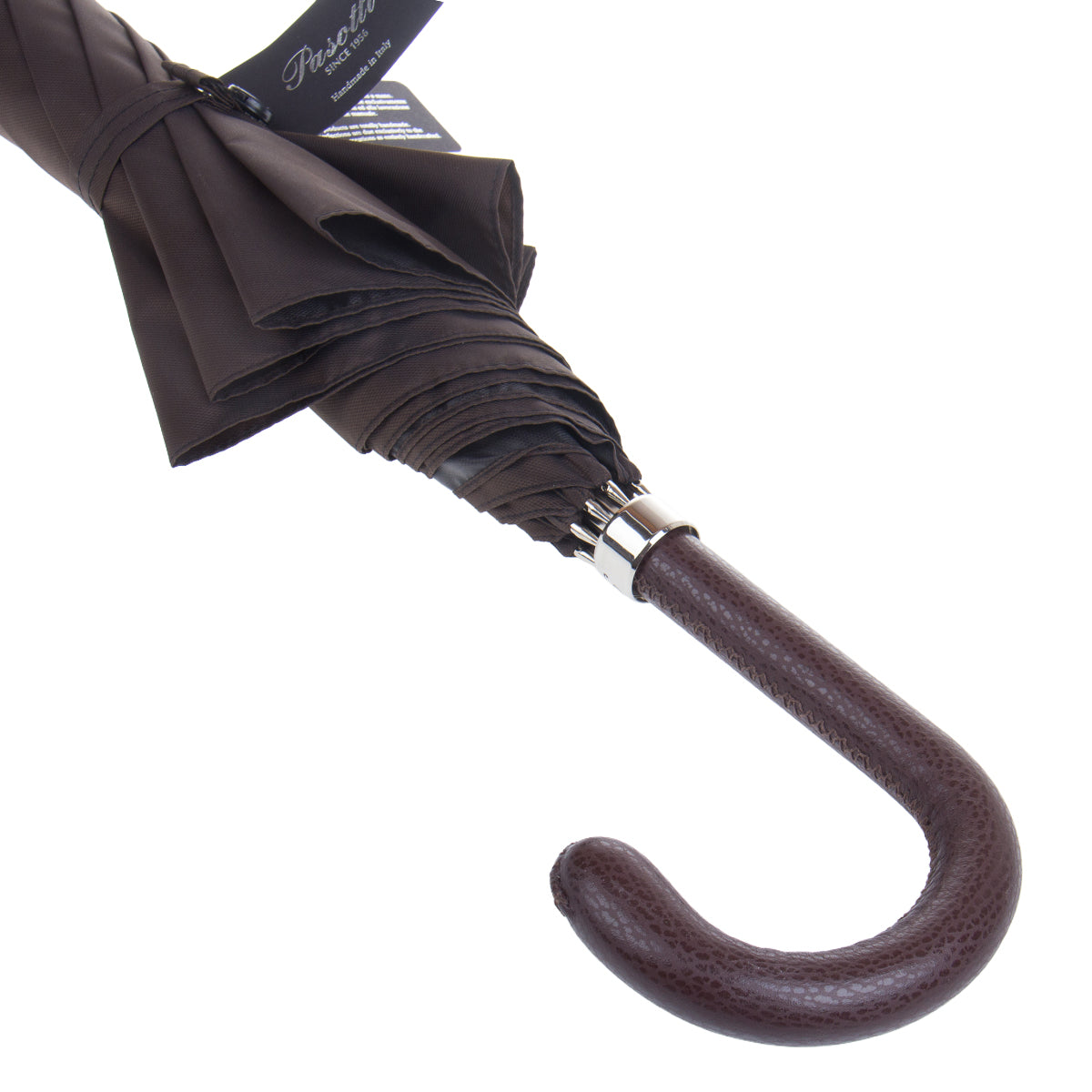Brown genuine leather crook handle with hand stitching, canopy detail — Pasotti 478-OXFORD-17-2