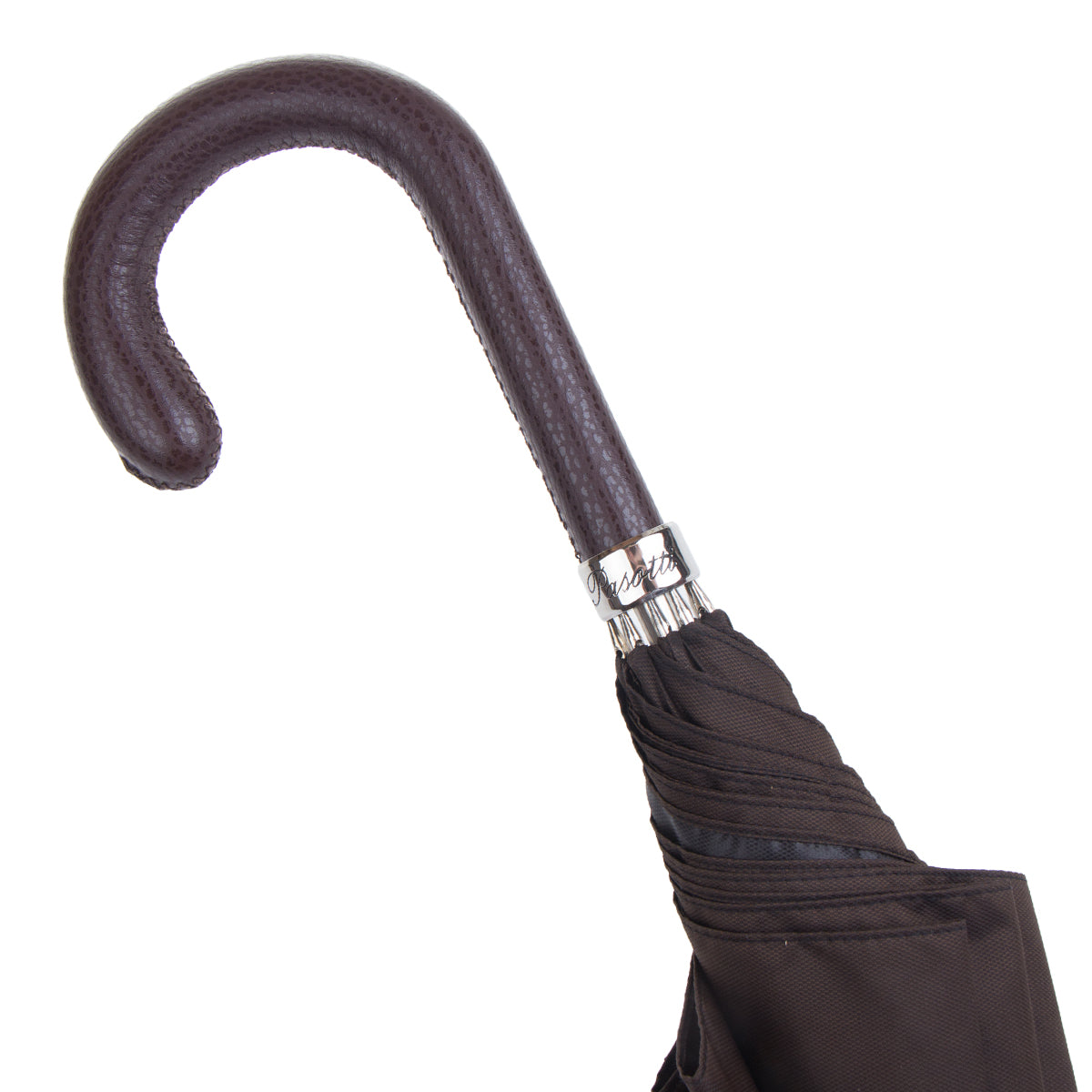 Brown leather umbrella handle with silver-tone Pasotti collar, handcrafted in Italy — 478-OXFORD-17-2