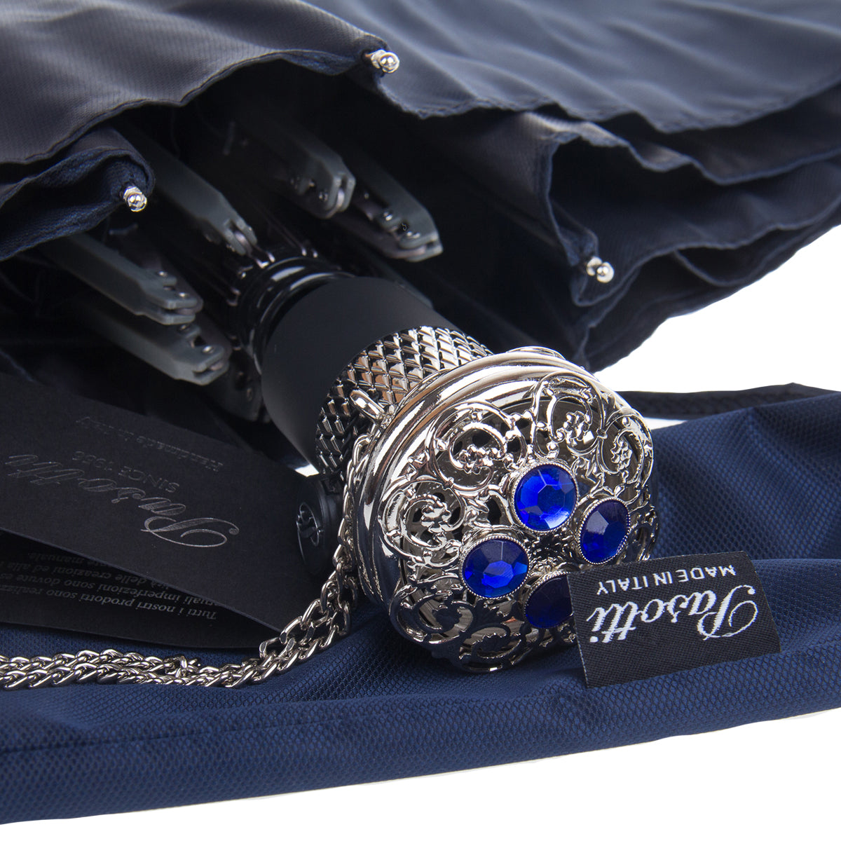 Pasotti Women’s Dark Blue Lux Folding Umbrella with Jeweled Handle