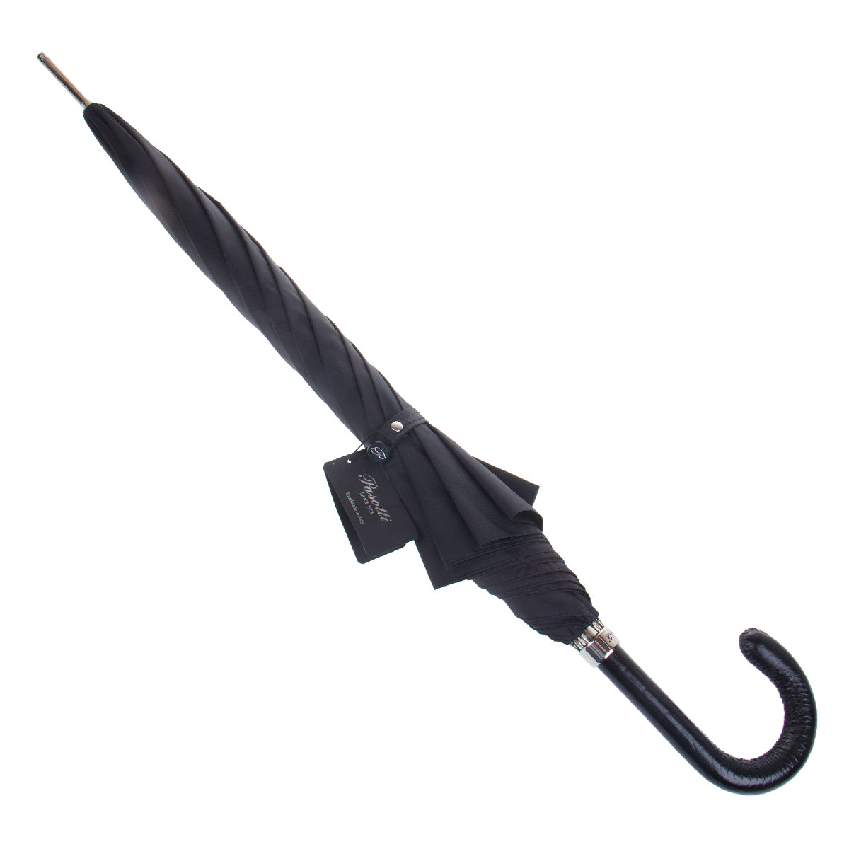 Black cane umbrella furled, secured with a fabric strap with snap — Pasotti 478-OXFORD/11