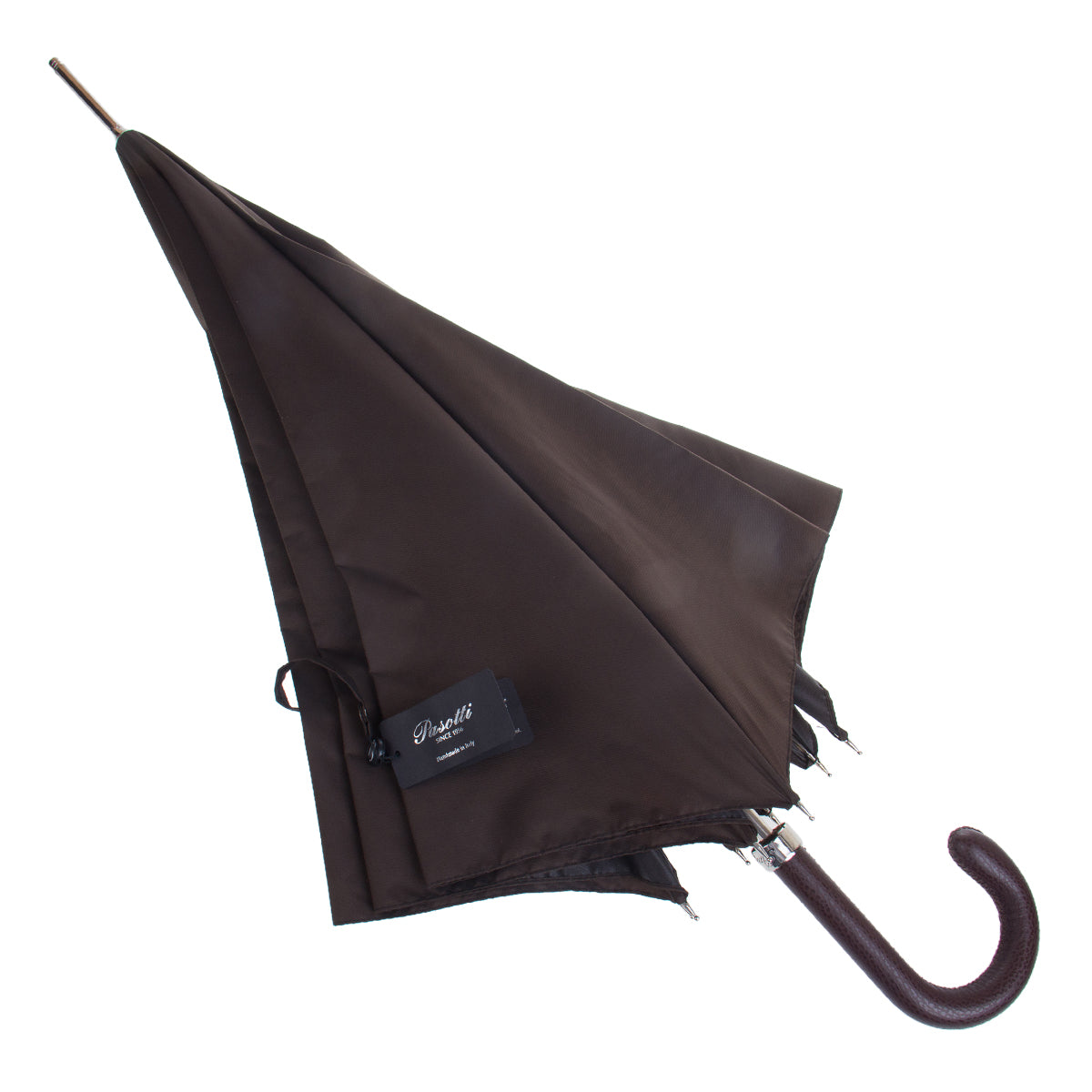 Brown canopy of the Pasotti cane umbrella half open, with branded tag — 478-OXFORD-17-2