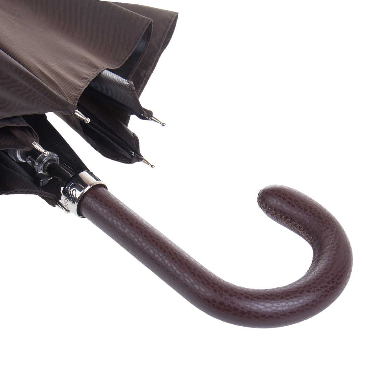 Brown leather crook handle and silver-tone rib tips of the Pasotti cane umbrella — 478-OXFORD-17-2