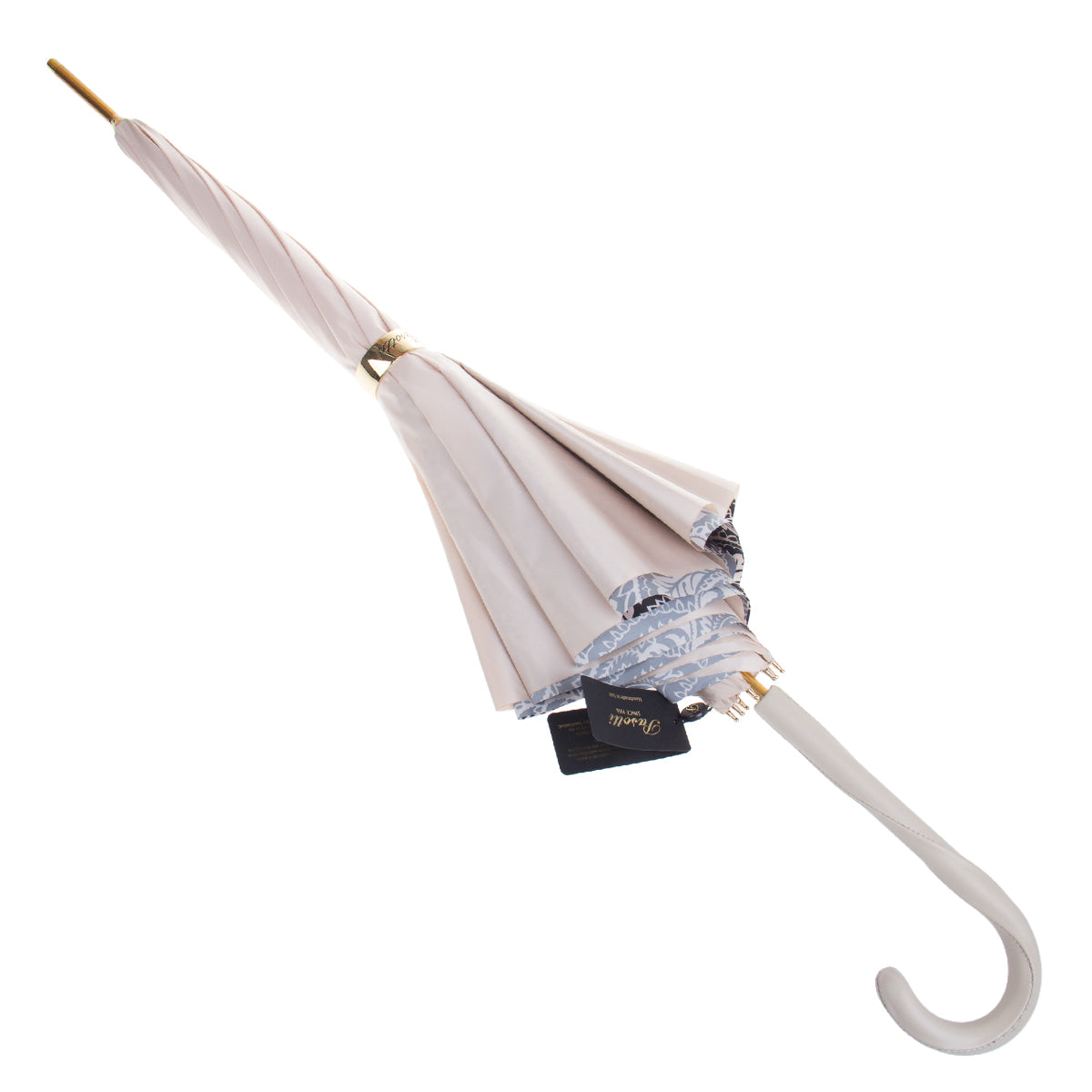 Furled ivory umbrella with hand-stitched leather crook handle — Pasotti Ivory Bocciolo