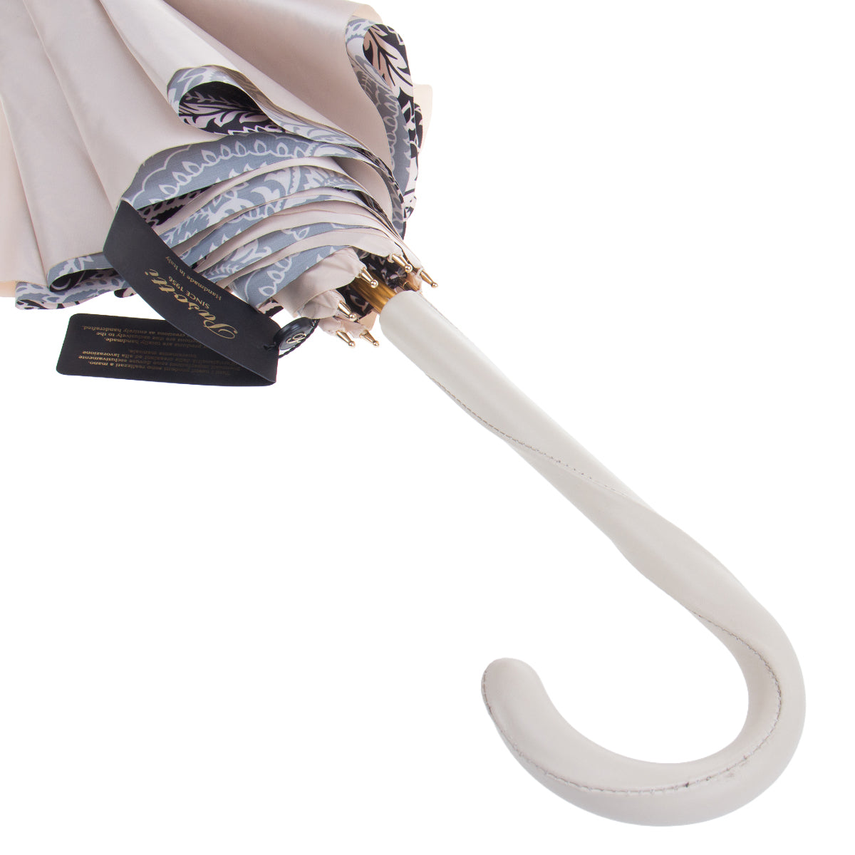 Hand-stitched light leather crook handle of the Pasotti ivory umbrella, handcrafted in Italy — Ivory Bocciolo
