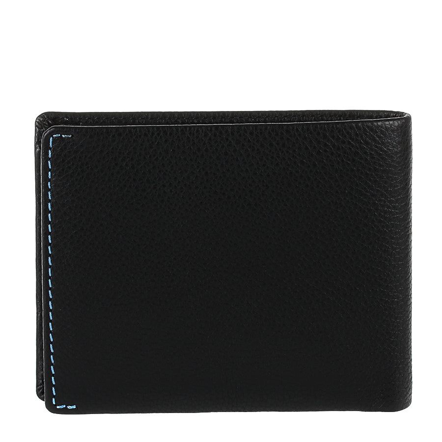 Tony Perotti Timone 11013P black leather bifold wallet, back view with light blue contrast stitching