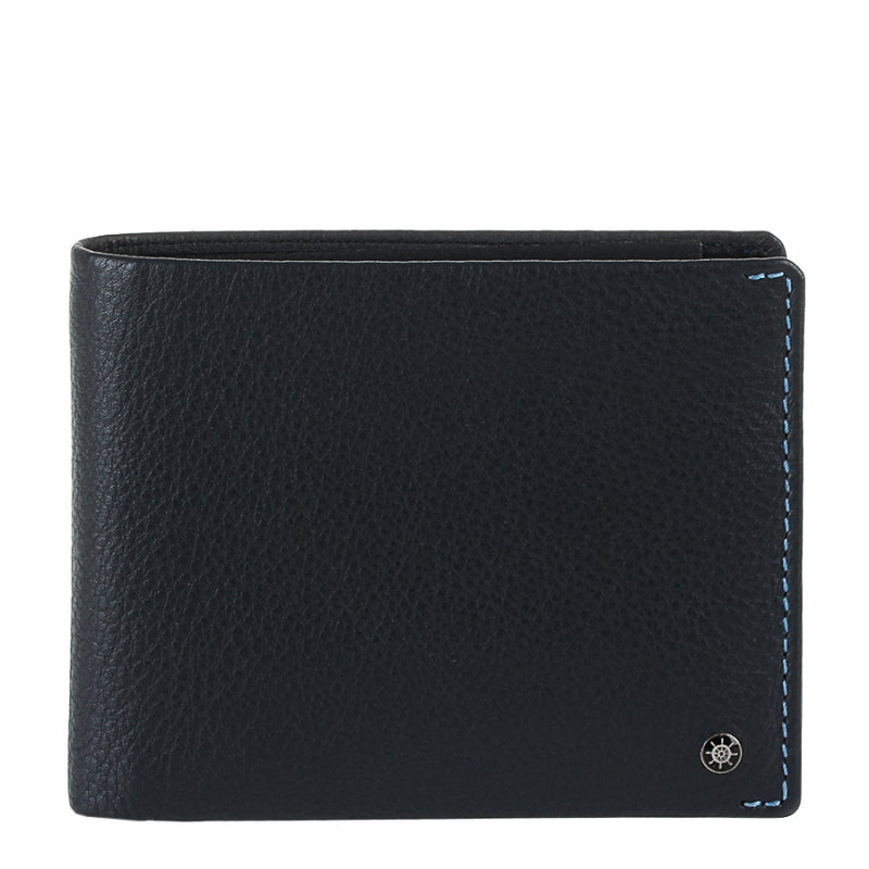 Tony Perotti Timone 11012 navy leather bifold wallet, front view with ship's wheel emblem and blue stitching