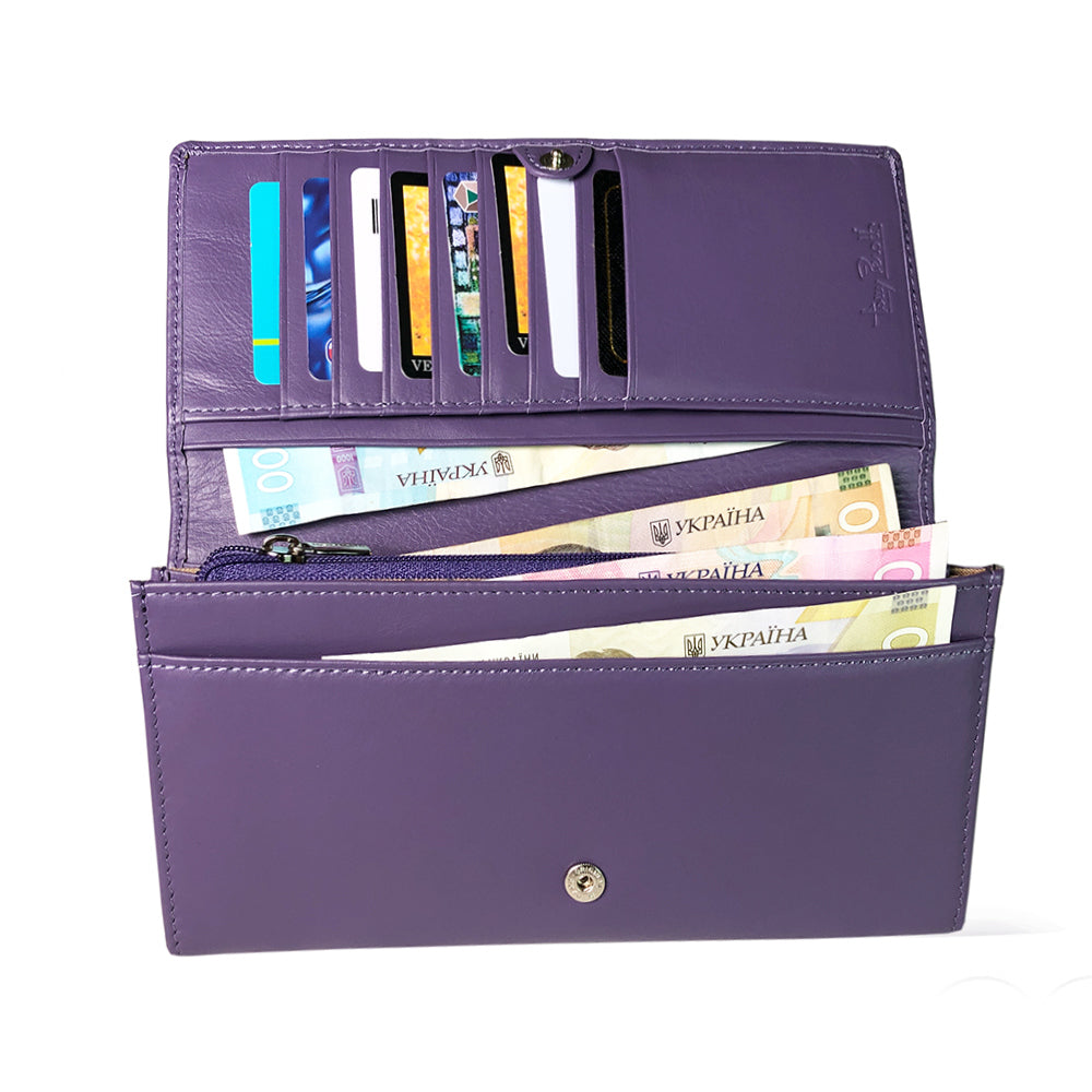 Purple wallet with card slots and money compartments on a white background