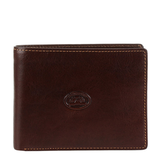 Tony Perotti Italico 533 moro men's dark brown leather bifold wallet — closed front view with the embossed oval Tony Perotti emblem and contrasting light stitching