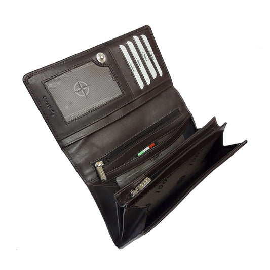 Tony Perotti Cortina 5008 moro opened — the mesh ID window with the compass rose and card slots above, two zipped pockets and accordion compartments below