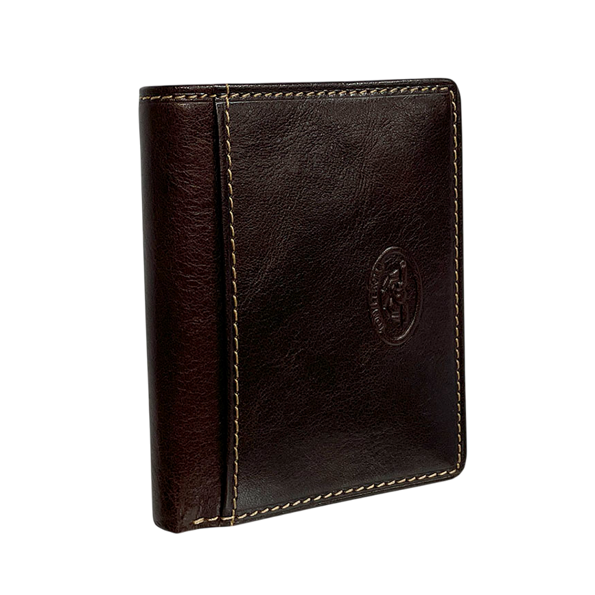 Dark brown leather card holder closed, angled view — Tony Perotti Italico 1034N moro