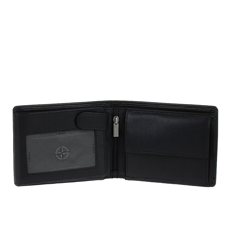 Tony Perotti Cortina 5053 nero opened — the ID window under its snap tab, a zipped pocket down the middle and the snap coin pocket on the right