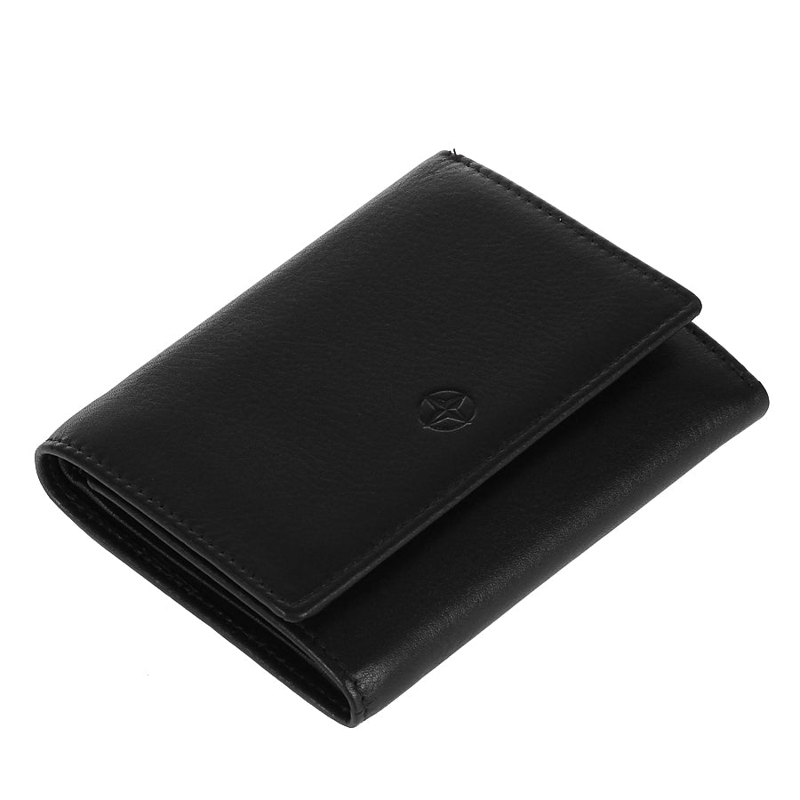 Black Tony Perotti Cortina 5063 wallet lying closed, seen from above — the flap and the trifold layers