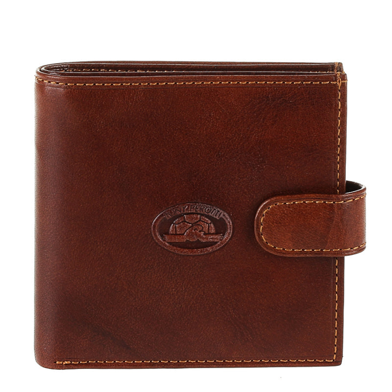 Tony Perotti cognac bull leather bifold wallet with strap closure — Italico 1256 cognac