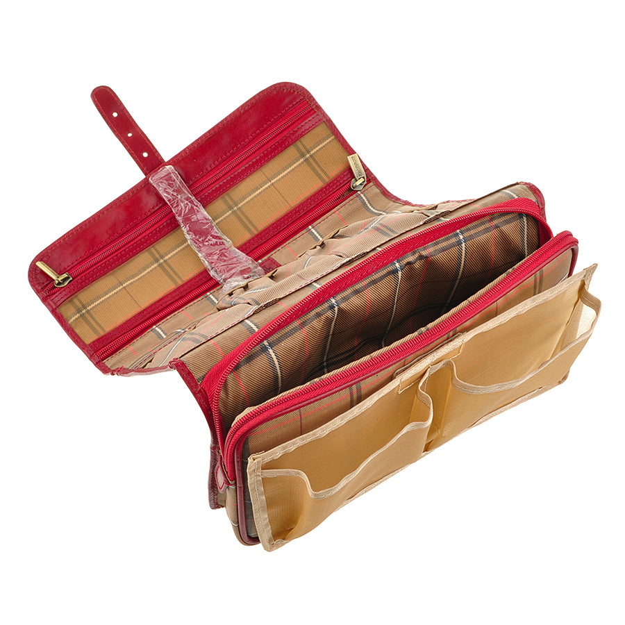 Red leather toiletry bag interior pockets — Tony Perotti Italico 8707