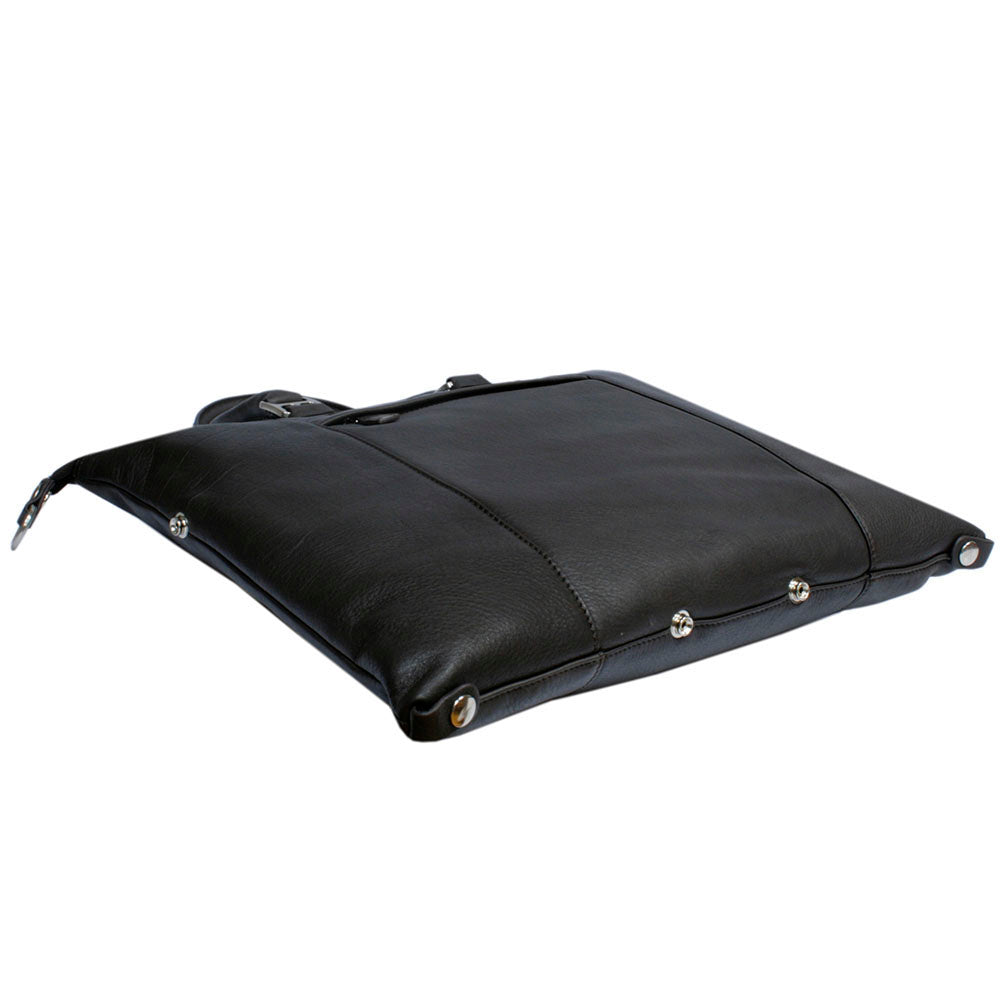 Base of the Tony Perotti Contatto 9217-31 moro handbag laid flat — the row of dark silver snap studs that set the shape