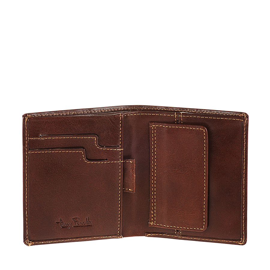 Tony Perotti Nevada 3504 moro wallet opened: 2 notched card slots, leather pull tab and flap pocket