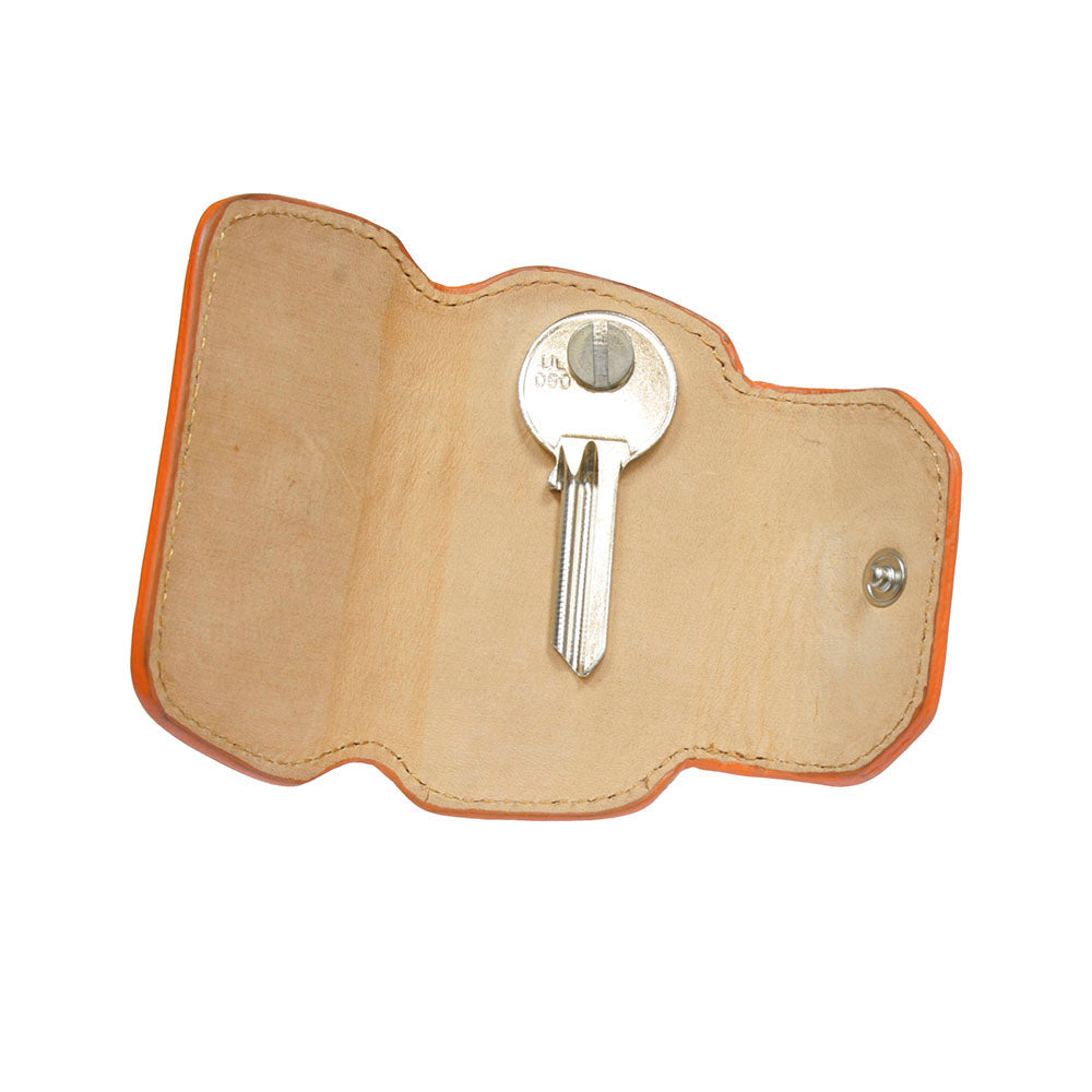 Tony Perotti Nevada KR-199 arancio — opened flat: natural undyed leather inside and a key bolted to the screw post in the middle