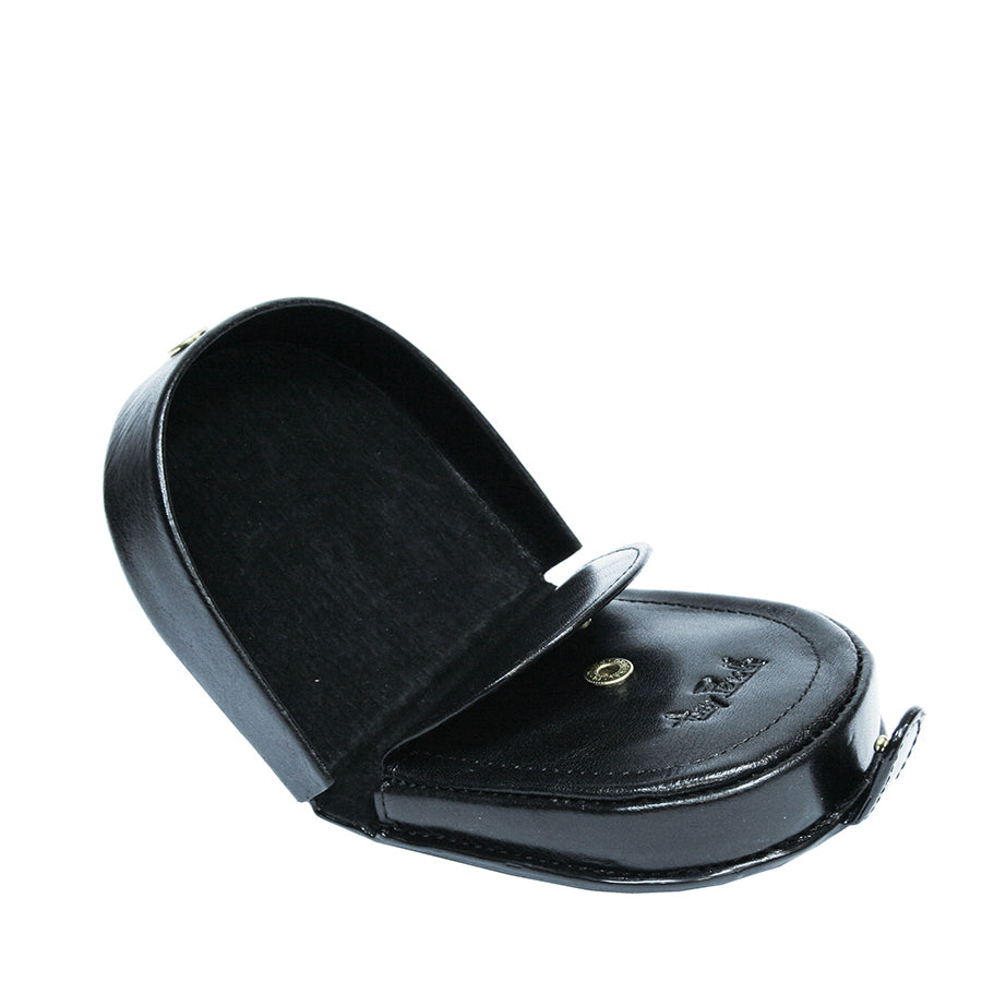 Black leather coin pouch open with lid raised showing coin tray — Tony Perotti Italico 1196 nero