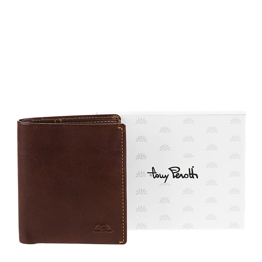 Tony Perotti Nevada 3504 moro dark brown leather wallet beside the Tony Perotti gift box