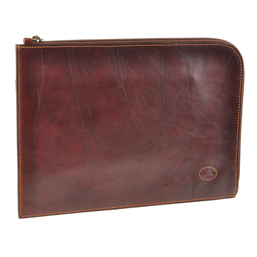 Angled view of the dark brown Italico 8017L — slim flat body and antique brass zip pull