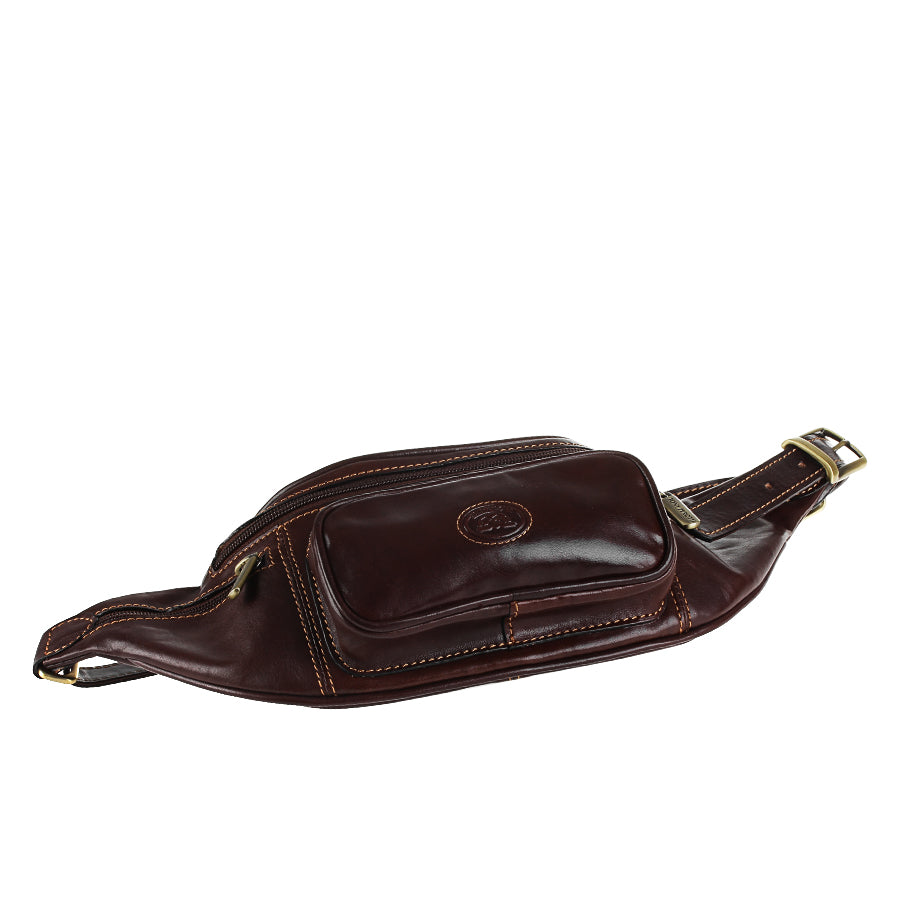 Dark brown Tony Perotti Italico 8018 belt bag lying flat — front patch pocket with embossed turtle emblem