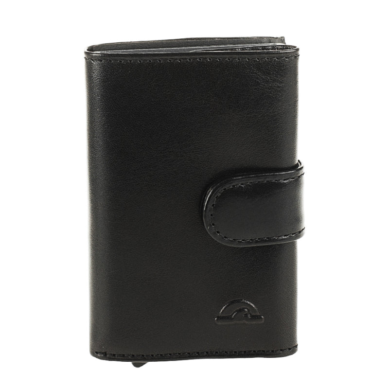 Black leather RFID card holder Tony Perotti Nevada 3768 nero — front with leather tab and turtle emblem