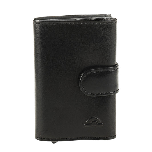 Black leather RFID card holder Tony Perotti Nevada 3768 nero — front with leather tab and turtle emblem
