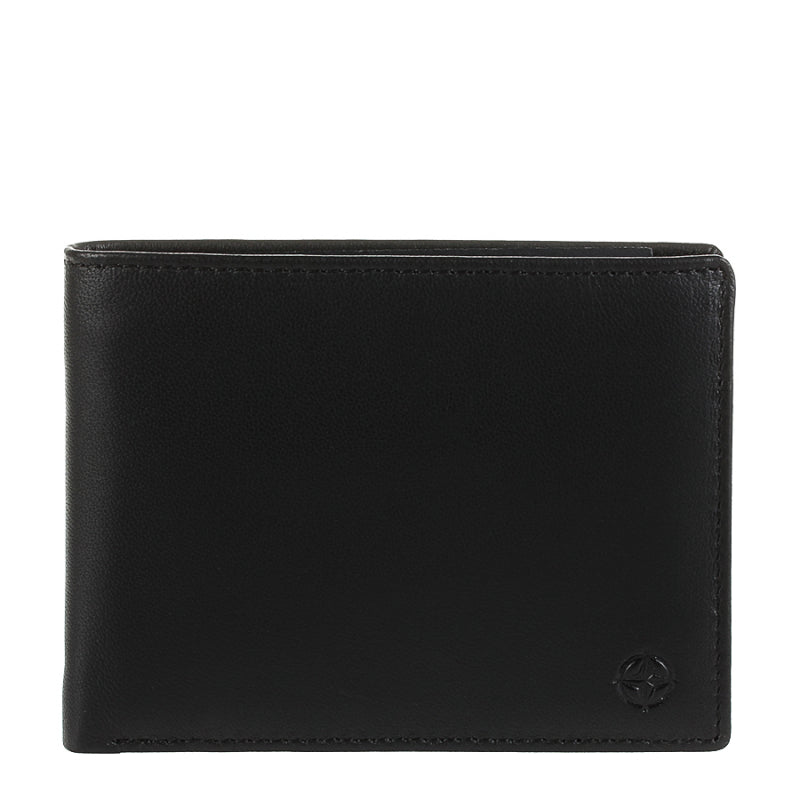 Black Tony Perotti Cortina 5013 leather bifold wallet seen straight on, closed, with the embossed compass rose in the lower corner