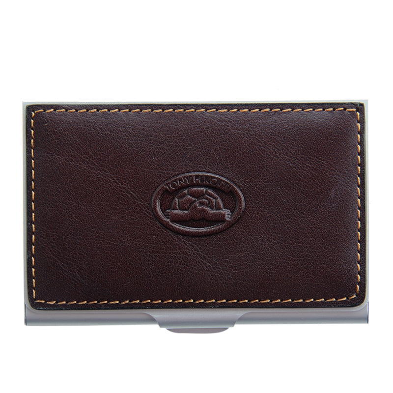 Tony Perotti Italico 2204 moro — the metal business card case closed, with the dark brown leather lid and the embossed turtle emblem