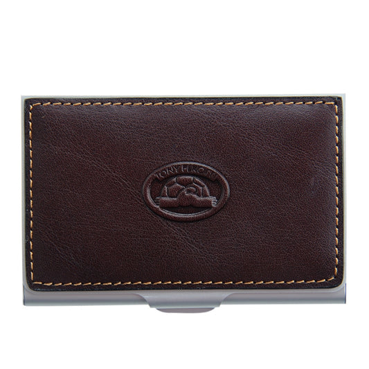 Tony Perotti Italico 2204 moro — the metal business card case closed, with the dark brown leather lid and the embossed turtle emblem