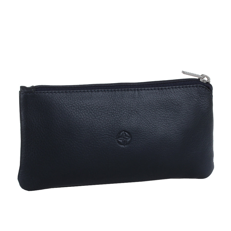 Tony Perotti Cortina 5021 navy — three-quarter view of the lightly grained navy floater leather with the compass rose embossed on the front