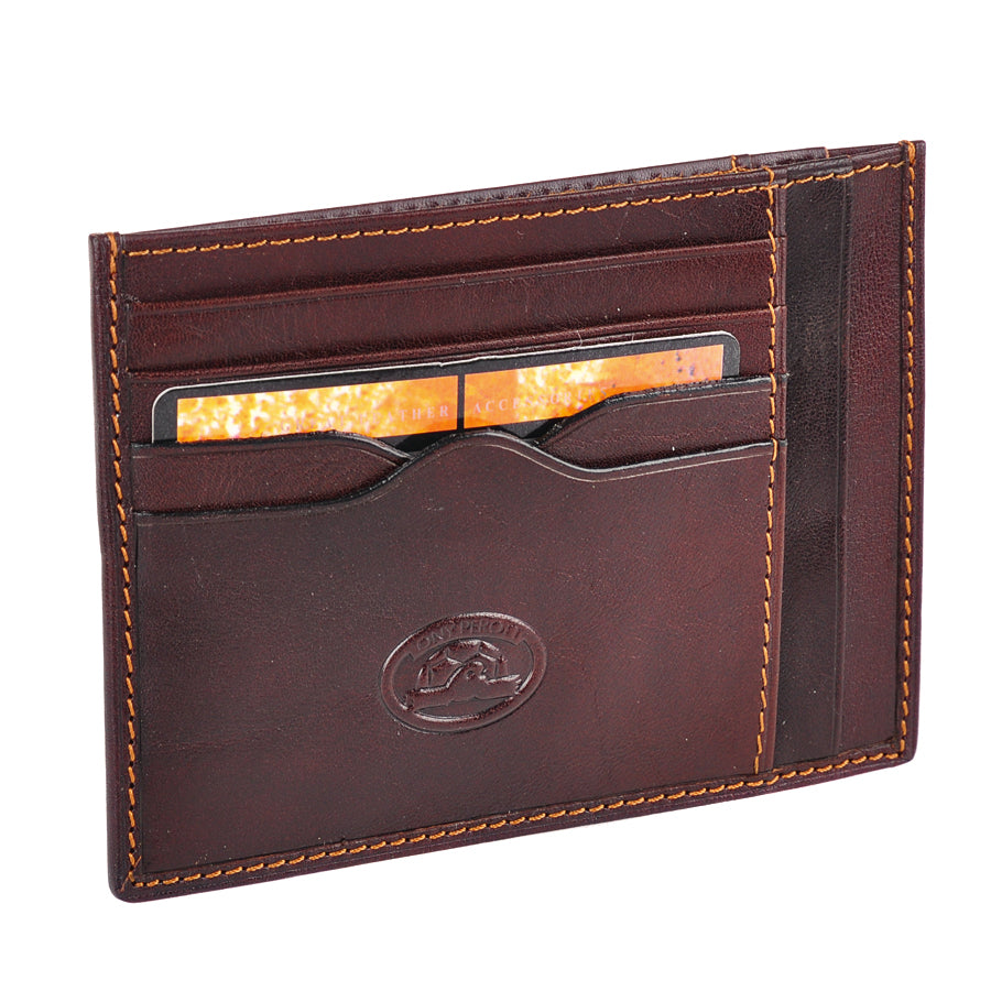 Dark brown leather card holder angled front view with card slots — Tony Perotti Italico 2171 moro
