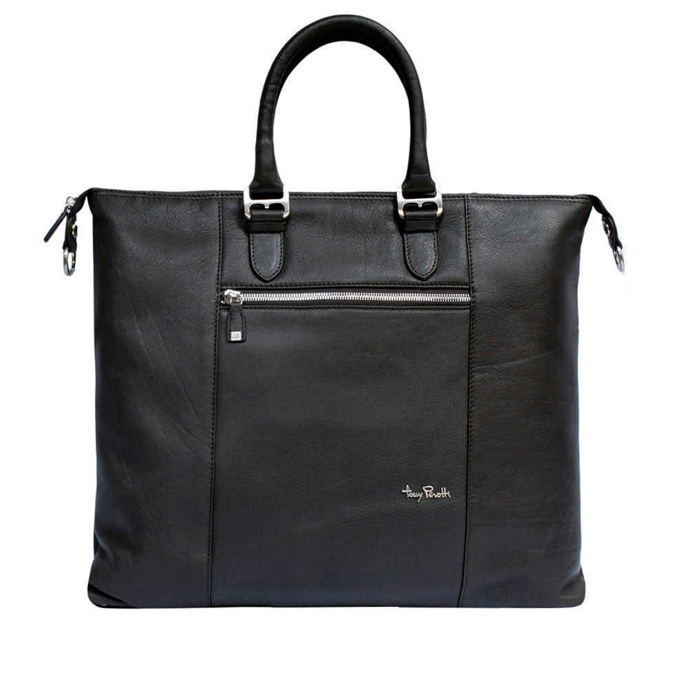 Tony Perotti Contatto 9217-31 moro dark brown leather handbag — wide open setting seen straight on, with the metal Tony Perotti signature plate on the front panel