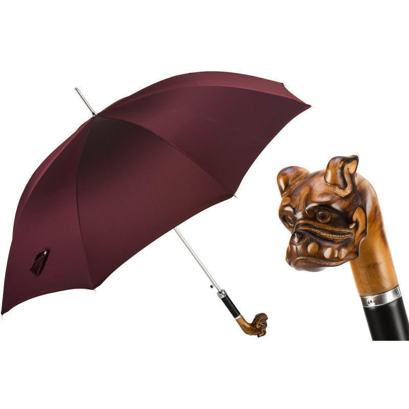 Pasotti men's burgundy umbrella with wooden bulldog handle, open, with a close-up of the handle — 478 Oxf-15 N51