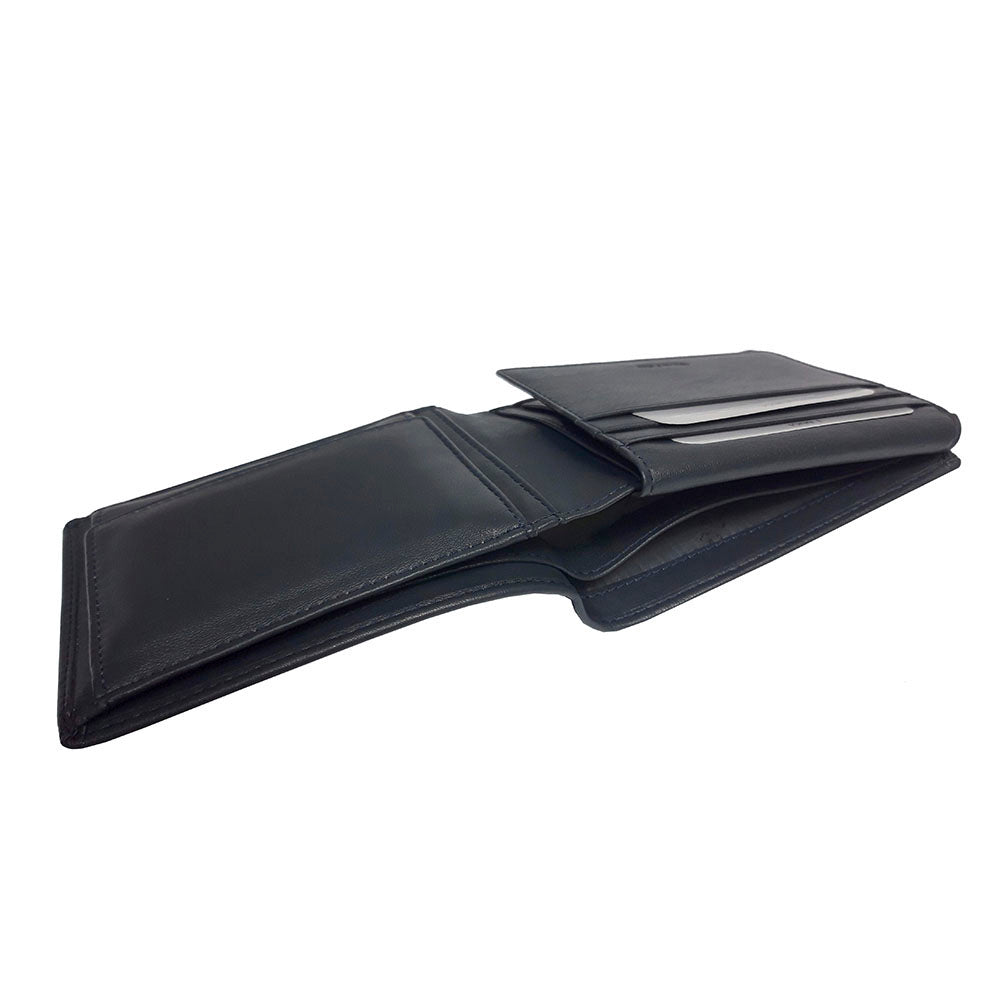 Navy Tony Perotti Cortina 5052 wallet seen open in profile — the layered card slots and the fold