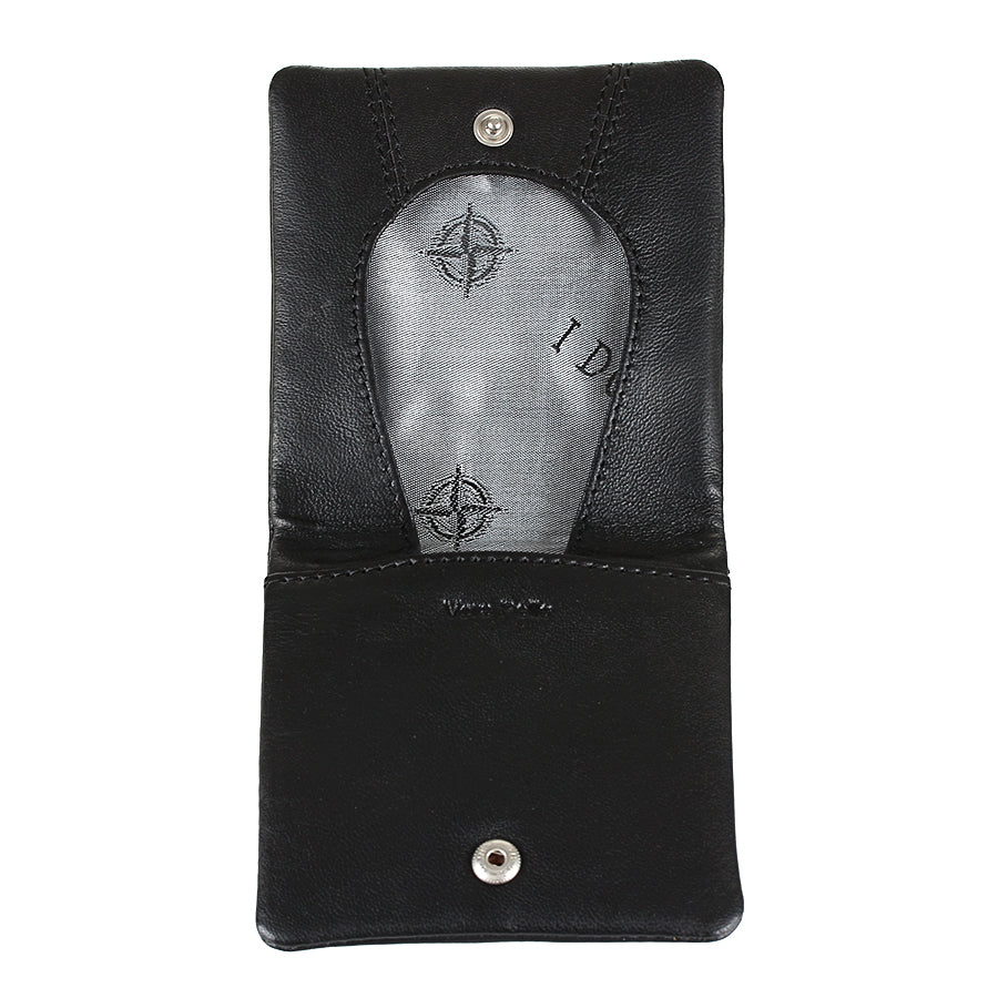 Black Tony Perotti Cortina 5080 nero coin pouch opened flat — silver-grey lining printed with compass roses and the two snaps
