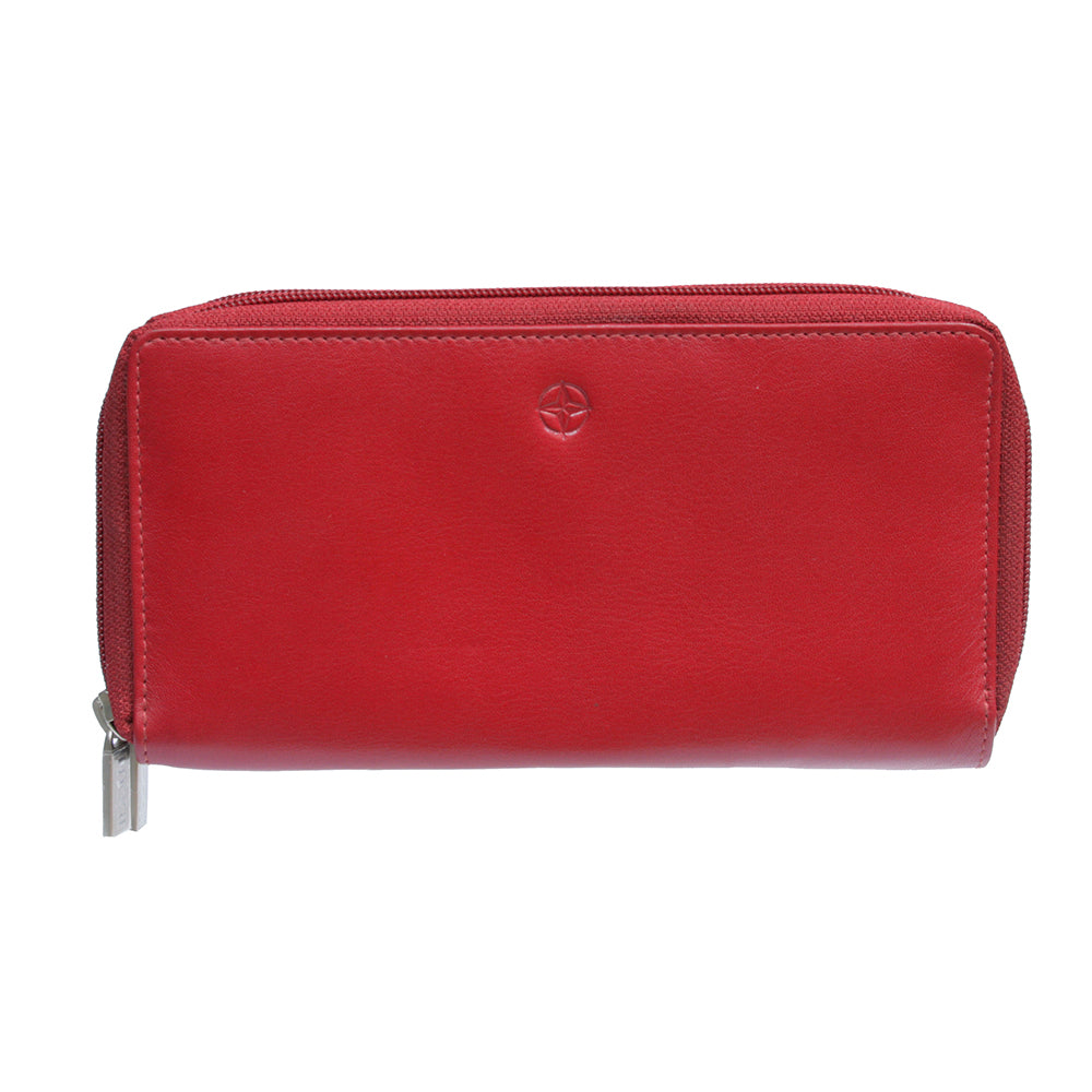 Red Tony Perotti Cortina 5061 double zip-around wallet seen straight on, closed, with the embossed compass rose
