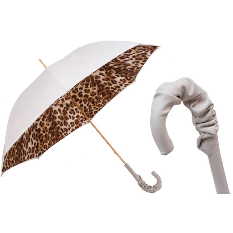 Pasotti women's ivory umbrella with leopard print inside and ruched leather handle, open, with a close-up of the handle — 189 52417-11 A35