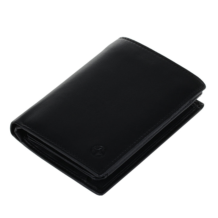 Black Tony Perotti Cortina 5031 wallet lying closed, seen from above — the fold and the layered edge