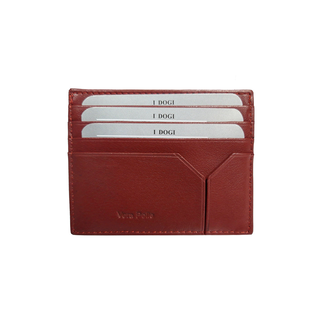 Tony Perotti Cortina 5043 rosso — back face with three card slots, the seventh slot in the panel below and «Vera Pelle» embossed