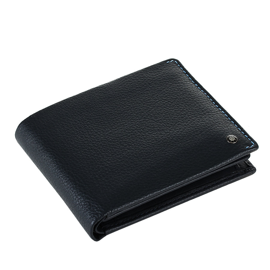 Tony Perotti Timone 11012 navy leather bifold wallet lying closed, angled top view