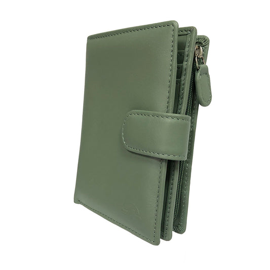 Sage green New Rainbow 1654 wallet at an angle showing the side zip coin pocket