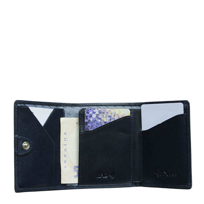Open Tony Perotti Nevada 3811+RFID navy wallet — V-cut card pocket, snap tab, bill section and RFID-marked pocket