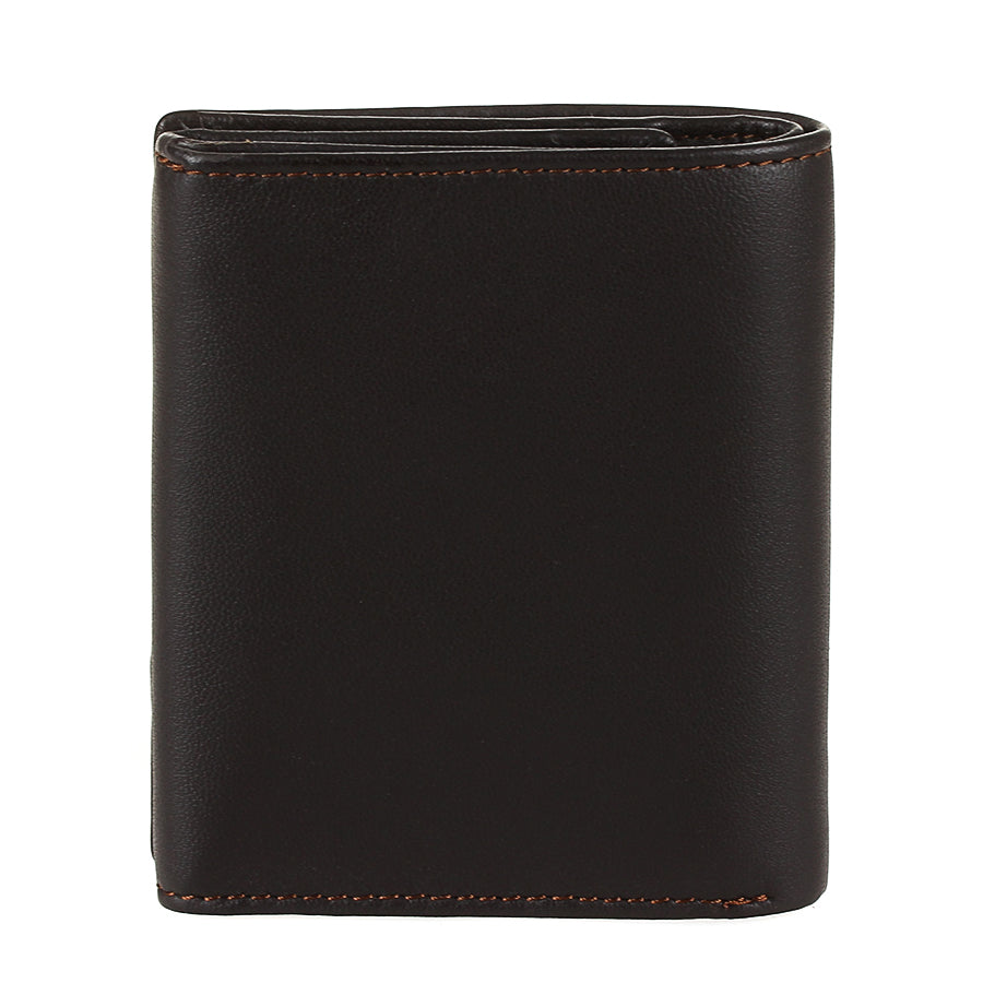 Slim dark brown leather bifold wallet angled view — Tony Perotti Cortina 5089
