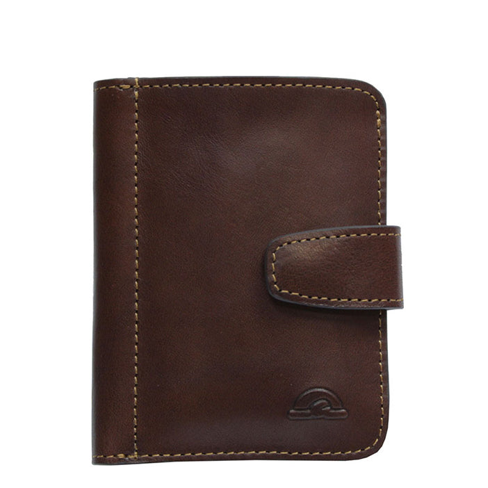 Tony Perotti Nevada 3796+RFID moro dark brown leather card holder — front with embossed emblem and strap tab